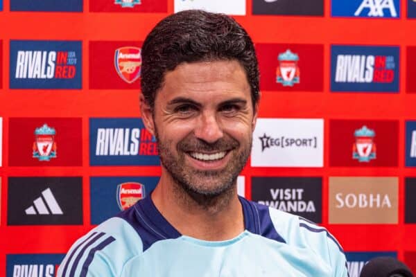 PHILADELPHIA - Monday, July 29, 2024: Arsenal's manager Mikel Arteta speaks to the media after an open training session at Philadelphia Union's Subaru Park ahead of a pre-season friendly match against Liverpool FC. (Photo by David Rawcliffe/Propaganda)