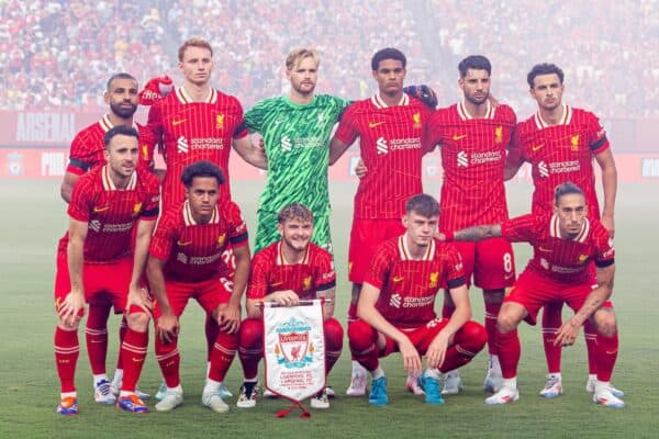 PHILADELPHIA - Wednesday, July 31, 2024: Liverpool players line-up for a team group photograph before a pre-season friendly match between Liverpool FC and Arsenal FC at the Lincoln Financial Field on day eight of the club's pre-season tour of the USA. (Photo by David Rawcliffe/Propaganda)