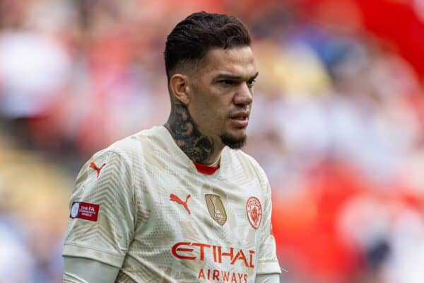 LONDON, ENGLAND - Saturday, August 10, 2024: Manchester City's goalkeeper Ederson Santana de Moraes during the FA Community Shield match between Manchester City FC and Manchester United FC at Wembley Stadium. (Photo by David Rawcliffe/Propaganda)