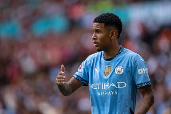 LONDON, ENGLAND - Saturday, August 10, 2024: Manchester City's Sávio Moreira de Oliveira 'Savinho' during the FA Community Shield match between Manchester City FC and Manchester United FC at Wembley Stadium. (Photo by David Rawcliffe/Propaganda)