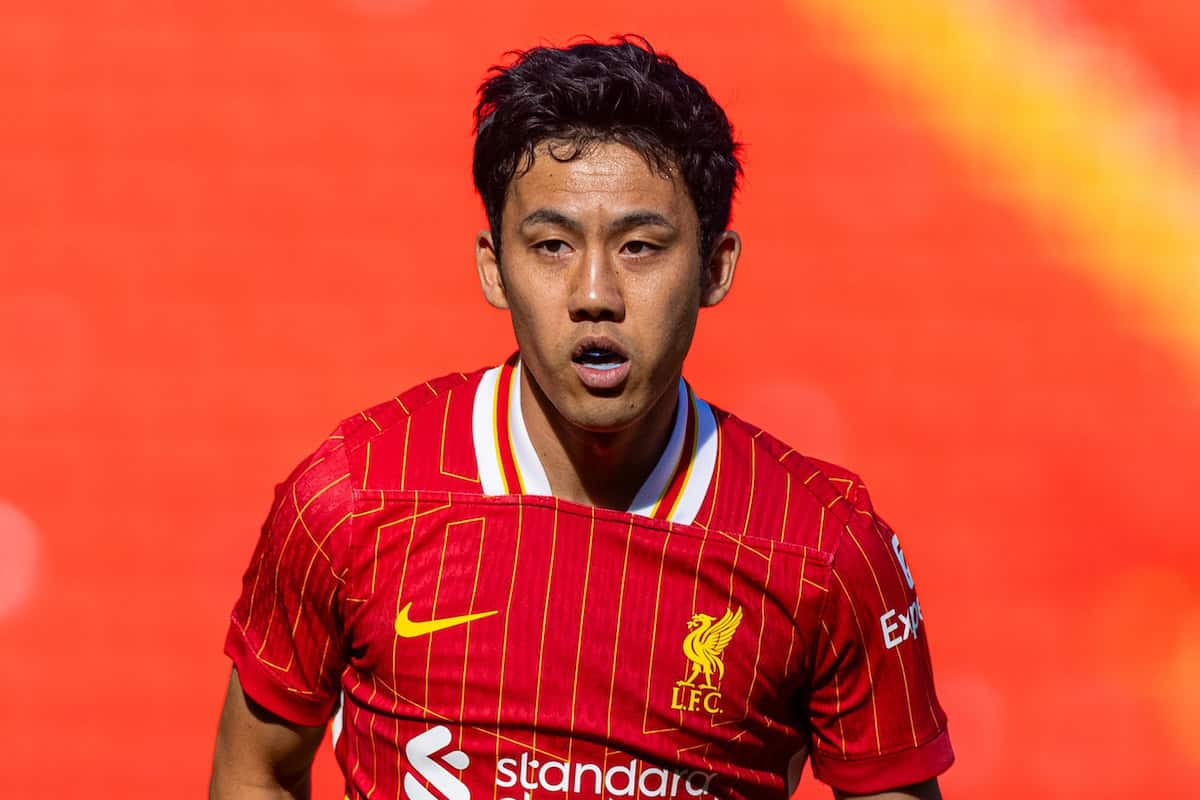 LIVERPOOL, ENGLAND - Sunday, August 11, 2024: Liverpool's Wataru End? during a behind closed doors pre-season friendly match between Liverpool FC and Unión Deportiva Las Palmas FC at Anfield. (Photo by David Rawcliffe/Propaganda)