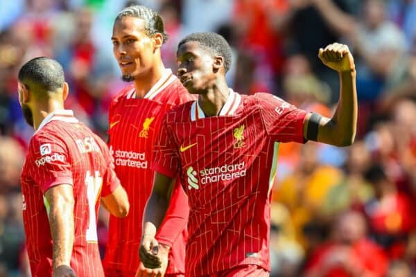 LIVERPOOL, ENGLAND - Sunday, August 11, 2024: Liverpool's Trey Nyoni celebrates after scoring the fourth goal during a pre-season friendly match between Liverpool FC and Sevilla FC at Anfield. (Photo by David Rawcliffe/Propaganda)