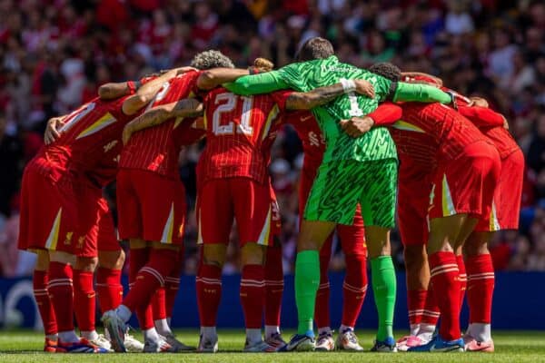 LIVERPOOL, ENGLAND - Sunday, August 11, 2024: Liverpool players line-up for a team group photograph before a pre-season friendly match between Liverpool FC and Sevilla FC at Anfield. (Photo by David Rawcliffe/Propaganda)