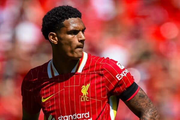 LIVERPOOL, ENGLAND - Sunday, August 11, 2024: Liverpool's Jarell Quansah during a pre-season friendly match between Liverpool FC and Sevilla FC at Anfield. (Photo by David Rawcliffe/Propaganda)