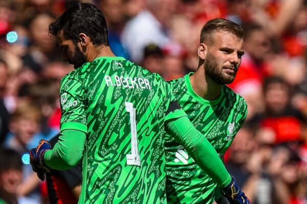 LIVERPOOL, ENGLAND - Sunday, August 11, 2024: Liverpool's goalkeeper Alisson Becker embraces substitute goalkeeper Vitezslav Jaros during a pre-season friendly match between Liverpool FC and Sevilla FC at Anfield. (Photo by David Rawcliffe/Propaganda)