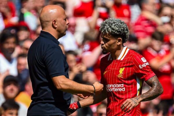 LIVERPOOL, ENGLAND - Sunday, August 11, 2024: Liverpool's head coach Arne Slot (L) and Luis Díaz during a pre-season friendly match between Liverpool FC and Sevilla FC at Anfield. (Photo by David Rawcliffe/Propaganda)