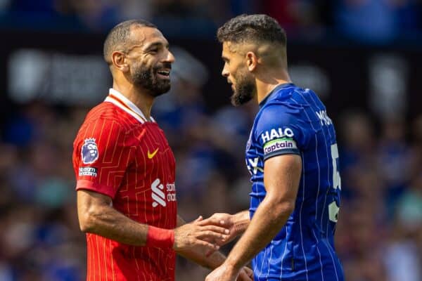 IPSWICH, ENGLAND - Saturday, August 17, 2024: Liverpool's Mohamed Salah (L) shakes hands with his Egypt international team-mate Ipswich Town's captain Sam Morsy after the FA Premier League match between Ipswich Town FC and Liverpool FC at Portman Road. (Photo by David Rawcliffe/Propaganda)