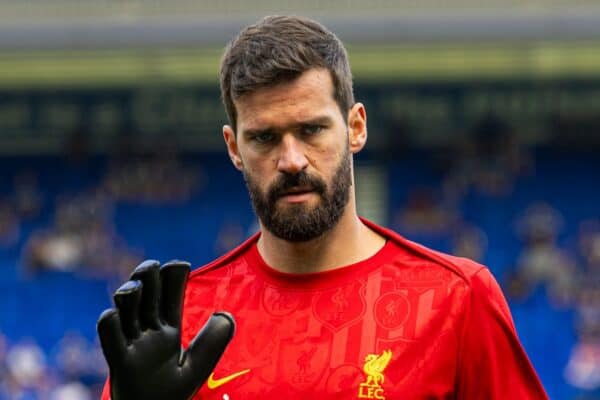 IPSWICH, ENGLAND - Saturday, August 17, 2024: Liverpool's goalkeeper Alisson Becker during the pre-match warm-up before the FA Premier League match between Ipswich Town FC and Liverpool FC at Portman Road. (Photo by David Rawcliffe/Propaganda)