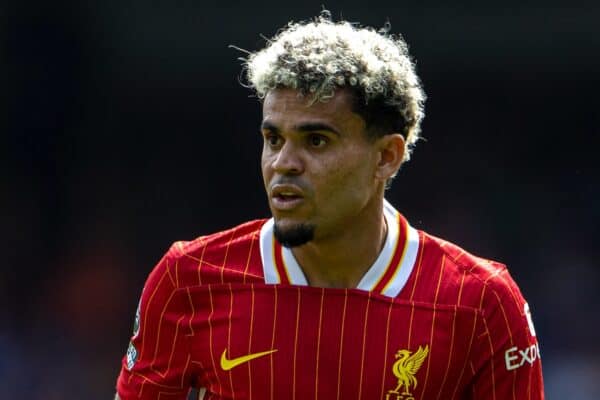 IPSWICH, INGHILTERRA - Sabato 17 agosto 2024: Luis Díaz del Liverpool durante la partita della FA Premier League tra Ipswich Town FC e Liverpool FC a Portman Road. (Foto di David Rawcliffe/Propaganda)