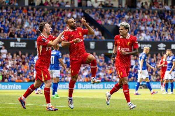 IPSWICH, ENGLAND - Saturday, August 17, 2024: Liverpool's Mohamed Salah celebrates after scoring the second goal during the FA Premier League match between Ipswich Town FC and Liverpool FC at Portman Road. (Photo by David Rawcliffe/Propaganda)