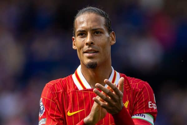 IPSWICH, ENGLAND - Saturday, August 17, 2024: Liverpool's captain Virgil van Dijk applauds the supporters after the FA Premier League match between Ipswich Town FC and Liverpool FC at Portman Road. Liverpool won 2-0. (Photo by David Rawcliffe/Propaganda)