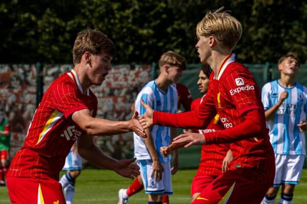 KIRKBY, ENGLAND - Saturday, August 24, 2024: Liverpool's Joe Bradshow (L) celebrates aftert scoring his side's second goal to level the score at 2-2 during the Under-18's Premier League North match between Liverpool FC Under-18's and Middlesbrough FC Under-18's at the Liverpool Academy. (Photo by David Rawcliffe/Propaganda)