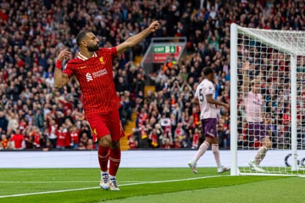 LIVERPOOL, ENGLAND - Sunday, August 25, 2024: Liverpool's Mohamed Salah celebrates after scoring the second goal during the FA Premier League match between Liverpool FC and Brentford FC at Anfield. (Photo by David Rawcliffe/Propaganda)