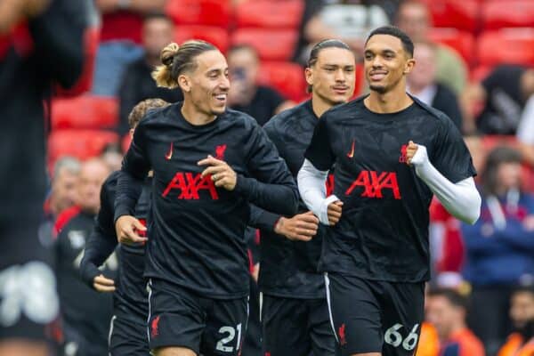 MANCHESTER, ENGLAND - Sunday, September 1, 2024: Liverpool's Kostas Tsimikas (L) and Trent Alexander-Arnold during the pre-match warm-up before the FA Premier League match between Manchester United FC and Liverpool FC at Old Trafford. (Photo by David Rawcliffe/Propaganda)