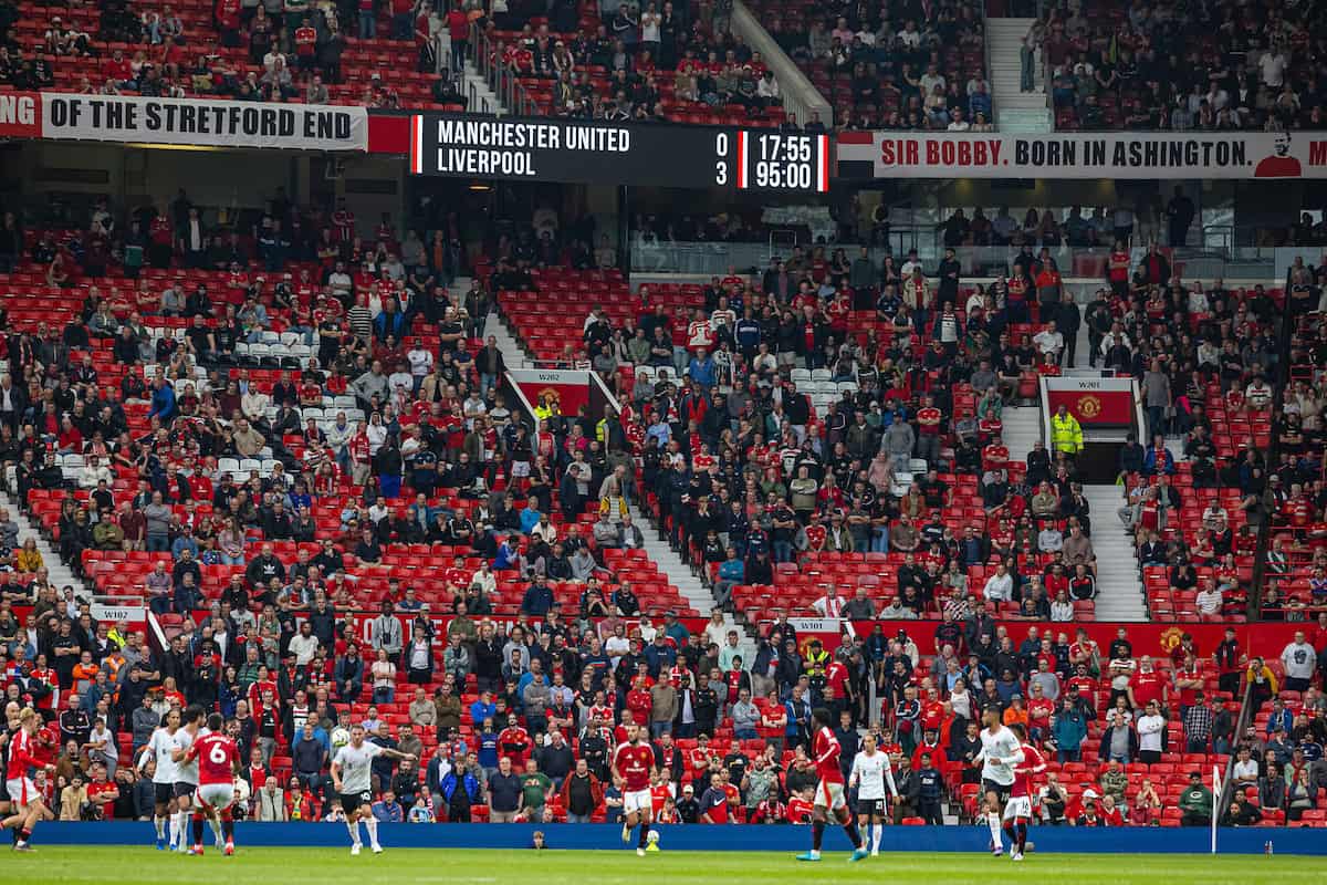 MANCHESTER, ENGLAND - Sunday, September 1, 2024: Manchester United supporters leave after the FA Premier League match between Manchester United FC and Liverpool FC at Old Trafford. Liverpool won 3-0. (Photo by David Rawcliffe/Propaganda)