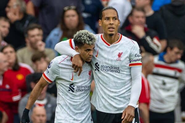 MANCHESTER, ENGLAND - Sunday, September 1, 2024: Liverpool's Luis Díaz (L) celebrates with team-mate captain Virgil van Dijk after scoring the second goal during the FA Premier League match between Manchester United FC and Liverpool FC at Old Trafford. (Photo by David Rawcliffe/Propaganda)