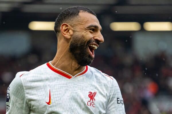 MANCHESTER, ENGLAND - Sunday, September 1, 2024: Liverpool's Mohamed Salah celebrates after scoring the third goal during the FA Premier League match between Manchester United FC and Liverpool FC at Old Trafford. (Photo by David Rawcliffe/Propaganda)