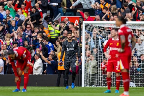 LIVERPOOL, ENGLAND - Saturday, September 14, 2024: Liverpool goalkeeper Alisson Becker reacts as Nottingham Forest score the opening goal during the FA Premier League match between Liverpool FC and Nottingham Forest FC at Anfield. (Photo by David Rawcliffe/Propaganda)