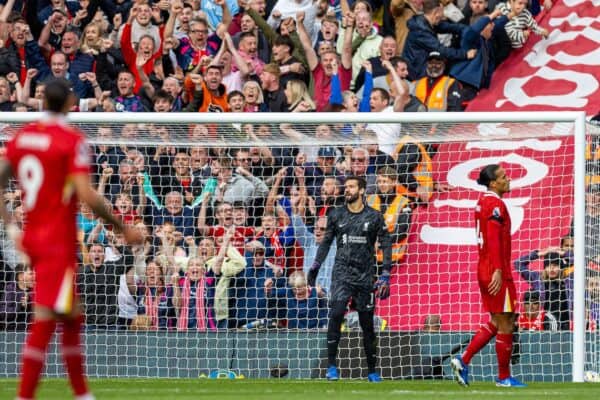 LIVERPOOL, ENGLAND - Saturday, September 14, 2024: Liverpool's goalkeeper Alisson Becker reacts as Nottingham Forest score the opening goal during the FA Premier League match between Liverpool FC and Nottingham Forest FC at Anfield. (Photo by David Rawcliffe/Propaganda)