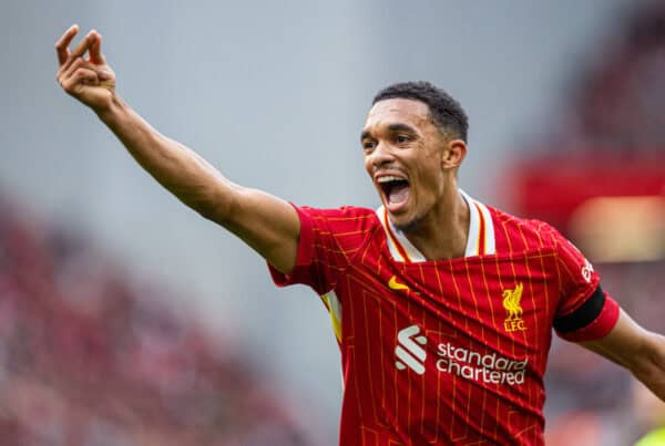 LIVERPOOL, INGHILTERRA - Sabato 14 settembre 2024: Trent Alexander-Arnold del Liverpool durante la partita della FA Premier League tra Liverpool FC e Nottingham Forest FC ad Anfield. (Foto di David Rawcliffe/Propaganda)