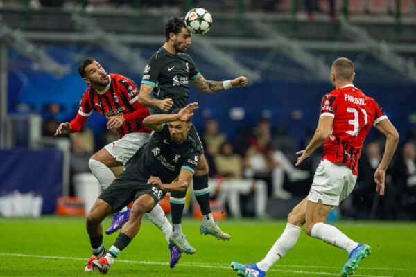 MILAN, ITALY - Tuesday, September 17, 2024: Liverpool's Dominik Szoboszlai wins a header during the UEFA Champions League game between AC Milan and Liverpool FC at the Stadio San Siro. (Pic by David Rawcliffe/Propaganda)