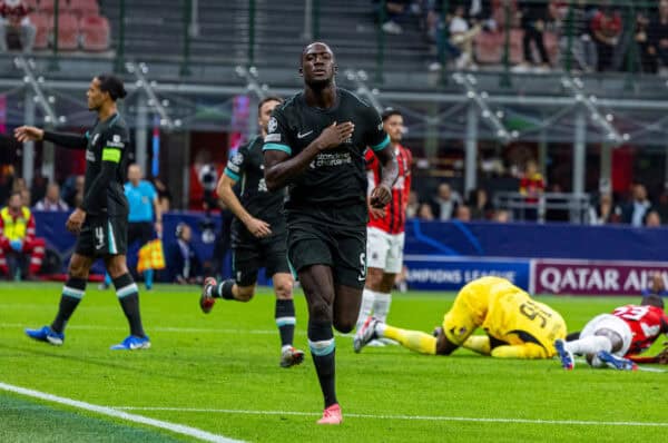 MILAN, ITALY - Tuesday, September 17, 2024: Liverpool's Ibrahima Konaté celebrates after scoring his side's first equalising goal during the UEFA Champions League game between AC Milan and Liverpool FC at the Stadio San Siro. (Pic by David Rawcliffe/Propaganda)