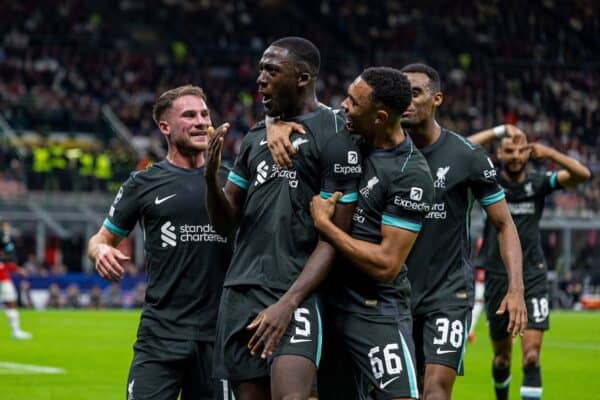 MILAN, ITALY - Tuesday, September 17, 2024: Liverpool's Ibrahima Konaté (C) celebrates with team-mates Alexis Mac Allister (L) and Trent Alexander-Arnold (R) after scoring his side's first equalising goal during the UEFA Champions League game between AC Milan and Liverpool FC at the Stadio San Siro. (Pic by David Rawcliffe/Propaganda)