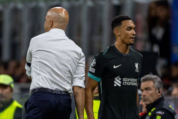 MILAN, ITALY - Tuesday, September 17, 2024: Liverpool's Trent Alexander-Arnold is substituted by head coach Arne Slot during the UEFA Champions League game between AC Milan and Liverpool FC at the Stadio San Siro. (Pic by David Rawcliffe/Propaganda)