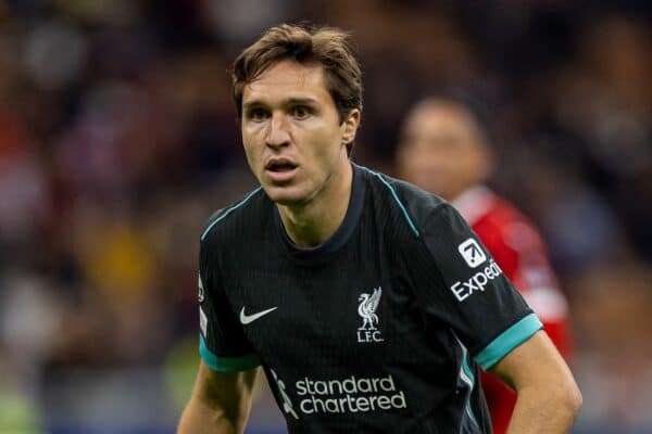 MILAN, ITALY - Tuesday, September 17, 2024: Liverpool's Federico Chiesa during the UEFA Champions League game between AC Milan and Liverpool FC at the Stadio San Siro. (Pic by David Rawcliffe/Propaganda)