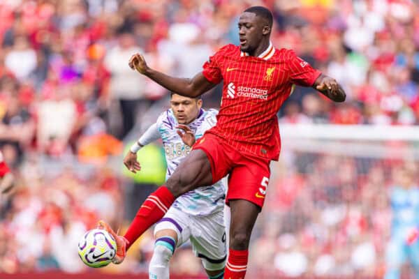 LIVERPOOL, ENGLAND - Saturday, September 21, 2024: Liverpool's Ibrahima Konaté (R) and AFC Bournemouth's Francisco Evanilson de Lima Barbosa during the FA Premier League match between Liverpool FC and AFC Bournemouth at Anfield. (Photo by David Rawcliffe/Propaganda)