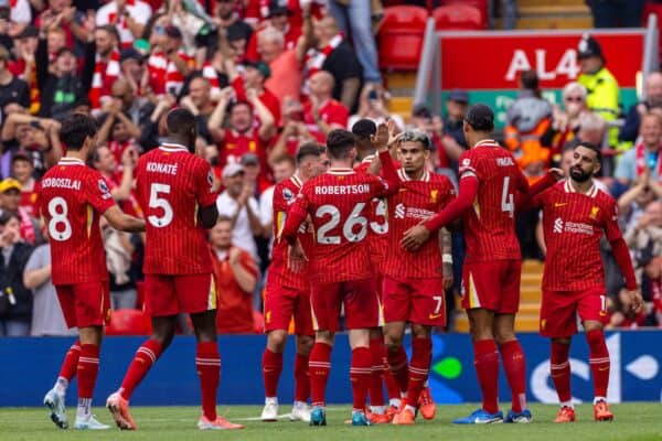 LIVERPOOL, ENGLAND - Saturday, September 21, 2024: Liverpool's Luis Díaz celebrates after scoring the first goal during the FA Premier League match between Liverpool FC and AFC Bournemouth at Anfield. (Photo by David Rawcliffe/Propaganda)