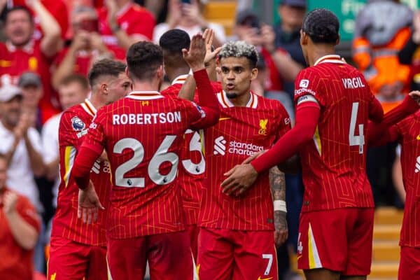 LIVERPOOL, INGHILTERRA - sabato 21 settembre 2024: Luis Díaz di Liverpool festeggia dopo aver segnato il gol di apertura durante la partita della fa Premier League tra Liverpool FC e AFC Bournemouth ad Anfield. (Foto di David Rawcliffe/Propaganda)