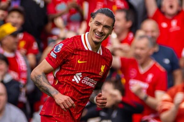 LIVERPOOL, ENGLAND - Saturday, September 21, 2024: Liverpool's Darwin Núñez celebrates after scoring the third goal during the FA Premier League match between Liverpool FC and AFC Bournemouth at Anfield. (Photo by David Rawcliffe/Propaganda)