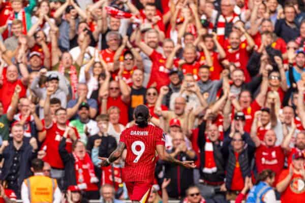 LIVERPOOL, ENGLAND - Saturday, September 21, 2024: Liverpool's Darwin Núñez celebrates after scoring the third goal during the FA Premier League match between Liverpool FC and AFC Bournemouth at Anfield. (Photo by David Rawcliffe/Propaganda)