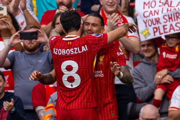 LIVERPOOL, ENGLAND - Saturday, September 21, 2024: Liverpool's Darwin Núñez celebrates after scoring the third goal during the FA Premier League match between Liverpool FC and AFC Bournemouth at Anfield. (Photo by David Rawcliffe/Propaganda)