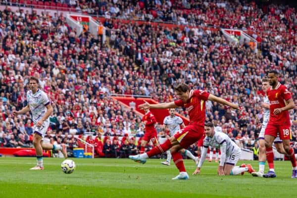 LIVERPOOL, ENGLAND - Saturday, September 21, 2024: Liverpool's Federico Chiesa shoots during the FA Premier League match between Liverpool FC and AFC Bournemouth at Anfield. (Photo by David Rawcliffe/Propaganda)