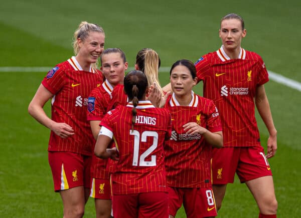 ST HELENS, ENGLAND - Sunday, September 22, 2024: Liverpool's Sophie Román Haug (L) celebrates with team-mates after scoring the first goal during the FA Women’s Super League match between Liverpool FC Women and Leicester City FC Women at the St Helens Stadium. (Photo by David Rawcliffe/Propaganda)