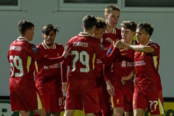 HARROGATE, ENGLAND - Monday, September 23, 2024: Liverpool's James Norris (R) celebrates with team-mates after scoring the first equalising goal during the English Football League Trophy Northern Group E match between Harrogate Town AFC and Liverpool FC Under-21's at Wetherby Road. (Photo by David Rawcliffe/Propaganda)