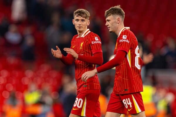 LIVERPOOL, ENGLAND - Wednesday, September 25, 2024: Liverpool's Tyler Morton (L) and Conor Bradley after the Football League Cup 3rd Round match between Liverpool FC and West Ham United FC at Anfield. (Photo by Ryan Brown/Propaganda)