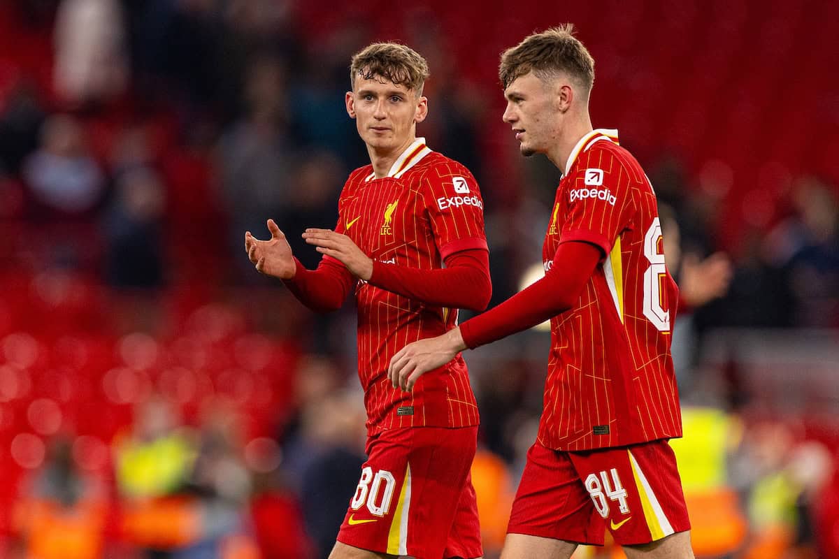 LIVERPOOL, ENGLAND - Wednesday, September 25, 2024: Liverpool's Tyler Morton (L) and Conor Bradley after the Football League Cup 3rd Round match between Liverpool FC and West Ham United FC at Anfield. (Photo by Ryan Brown/Propaganda)