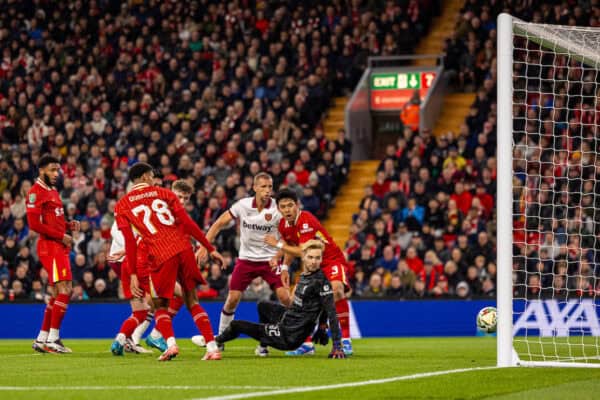 LIVERPOOL, ENGLAND - Wednesday, September 25, 2024: Liverpool's Jarell Quansah puts the ball past his own goalkeeper Caoimhin Kelleher to score an own-goal to give West Ham United a 1-0 lead during the Football League Cup 3rd Round match between Liverpool FC and West Ham United FC at Anfield. (Photo by Ryan Brown/Propaganda)