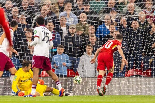 LIVERPOOL, ENGLAND - Wednesday, September 25, 2024: Liverpool's Diogo Jota scores his side's first equalising goal during the Football League Cup 3rd Round match between Liverpool FC and West Ham United FC at Anfield. (Photo by Ryan Brown/Propaganda)