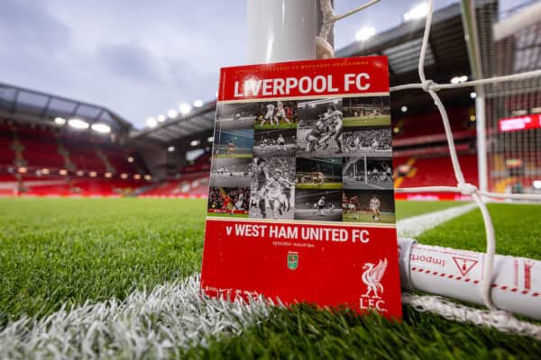 LIVERPOOL, ENGLAND - Wednesday, September 25, 2024: The official match day programme seen before the Football League Cup 3rd Round match between Liverpool FC and West Ham United FC at Anfield. (Photo by Ryan Brown/Propaganda)