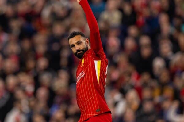 LIVERPOOL, ENGLAND - Wednesday, September 25, 2024: Liverpool's Mohamed Salah celebrates after scoring his side's third goal during the Football League Cup 3rd Round match between Liverpool FC and West Ham United FC at Anfield. (Photo by Ryan Brown/Propaganda)