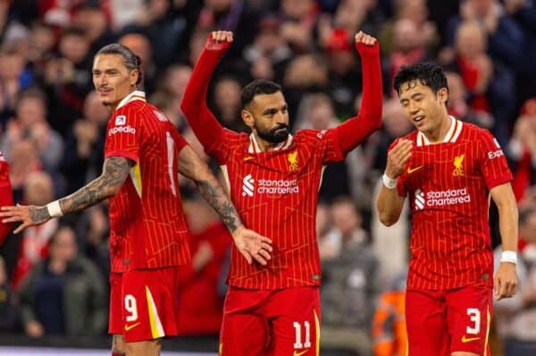 LIVERPOOL, INGHILTERRA - Mercoledì 25 settembre 2024: Mohamed Salah del Liverpool esulta dopo aver segnato il terzo gol della sua squadra durante la partita del terzo turno della Football League Cup tra Liverpool FC e West Ham United FC ad Anfield. (Foto di Ryan Brown/Propaganda)