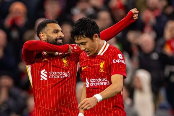 LIVERPOOL, INGHILTERRA - Mercoledì 25 settembre 2024: Mohamed Salah del Liverpool esulta dopo aver segnato il terzo gol della sua squadra durante la partita del terzo turno della Football League Cup tra Liverpool FC e West Ham United FC ad Anfield. (Foto di Ryan Brown/Propaganda)