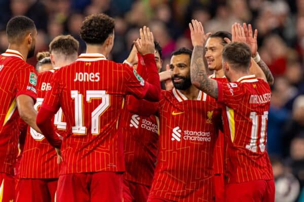 LIVERPOOL, INGHILTERRA - Mercoledì 25 settembre 2024: Mohamed Salah del Liverpool esulta dopo aver segnato il terzo gol della sua squadra durante la partita del terzo turno della Football League Cup tra Liverpool FC e West Ham United FC ad Anfield. (Foto di Ryan Brown/Propaganda)