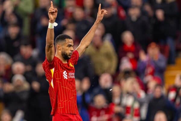 LIVERPOOL, ENGLAND - Wednesday, September 25, 2024: Liverpool's Cody Gakpo celebrates after scoring the fifth goal during the Football League Cup 3rd Round match between Liverpool FC and West Ham United FC at Anfield. (Photo by Ryan Brown/Propaganda)