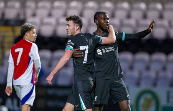 LONDON, ENGLAND - Friday, September 27, 2024: Liverpool's Amara Nallo (R) celebrates with team-mate captain Tom Hill after scoring the first goal during the Premier League 2 Division 1 match between Arsenal FC Under-21's and Liverpool FC Under-21's at Meadow Park. (Photo by David Rawcliffe/Propaganda)