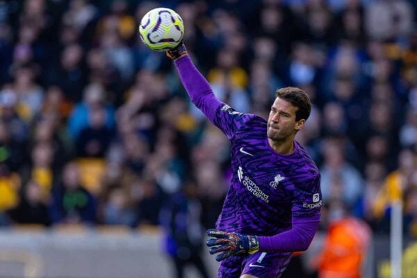 WOLVERHAMPTON, ENGLAND - Saturday, September 28, 2024: Liverpool's goalkeeper Alisson Becker during the FA Premier League match between Wolverhampton Wanderers FC and Liverpool FC at Molineux Stadium. (Photo by David Rawcliffe/Propaganda)